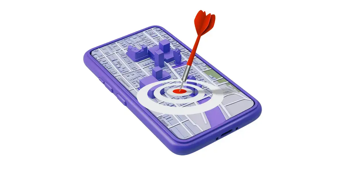 App marketing in the shape of abstract 3d view of an app on a phone popping out with a dart hitting it