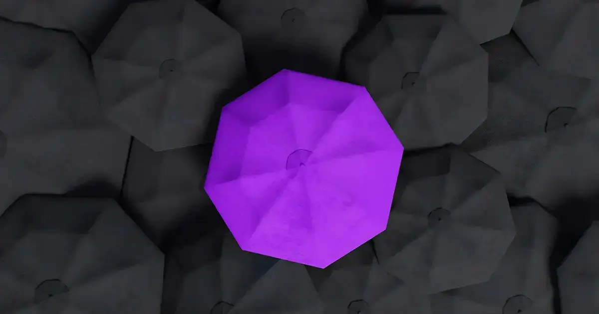 A purple umbrella in a sea of black umbrellas representing being different and standing out in branding