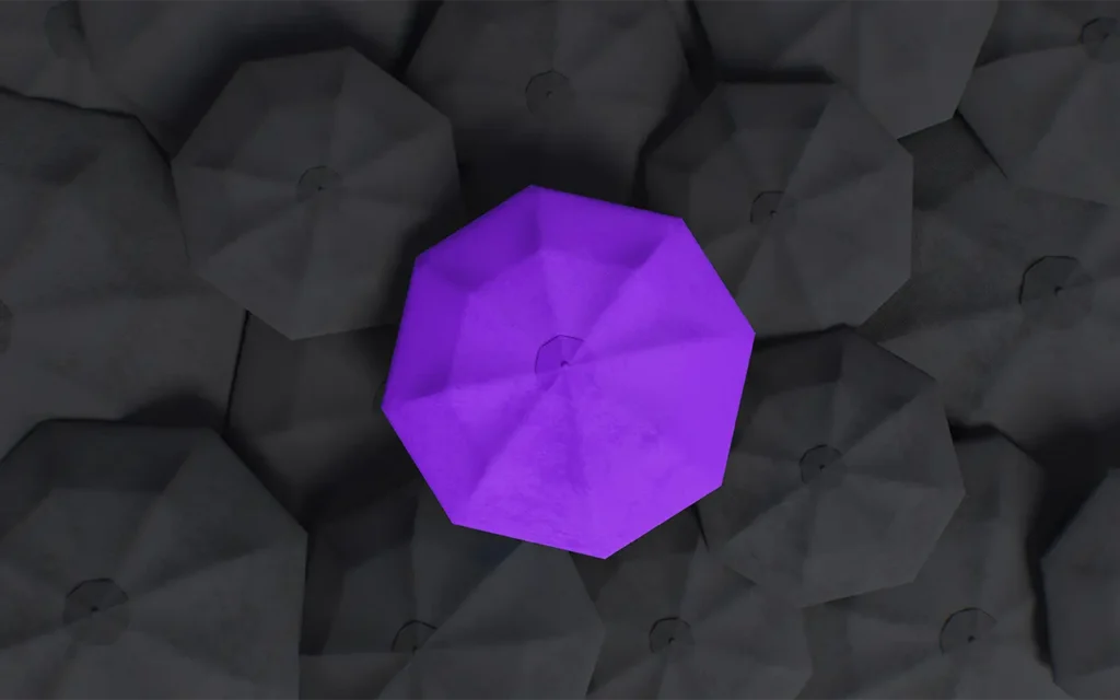 a branding metaphor of a purple umbrella in a sea of black ones highlighting individuality and uniqueness of the brand