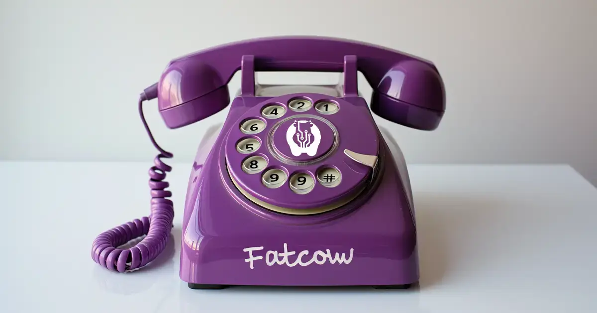 An old Rotary phone with the word Fatcow on it with the logo in white in the middle of the rotary