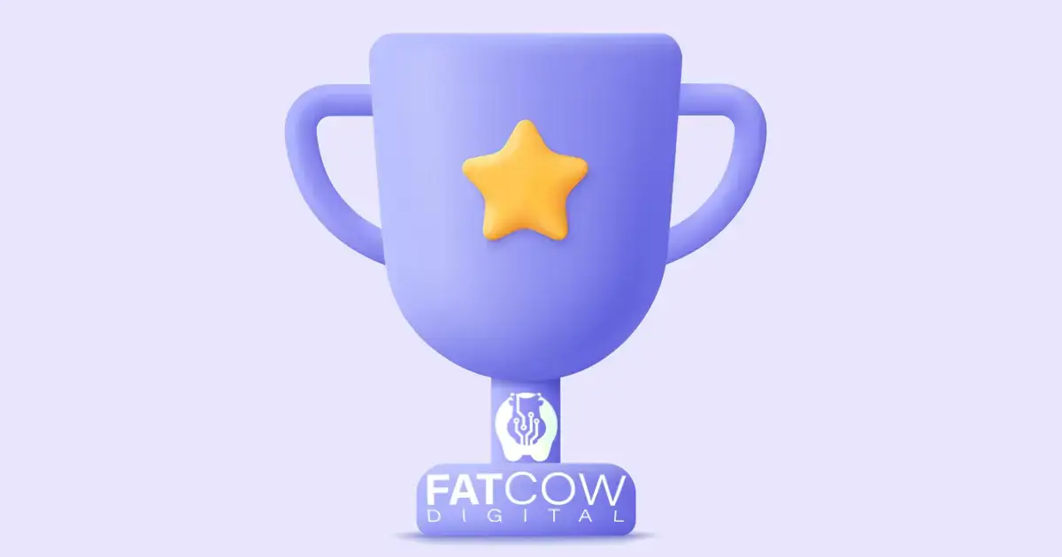 A 3D trophy with Fatcow Digital logo printed on it