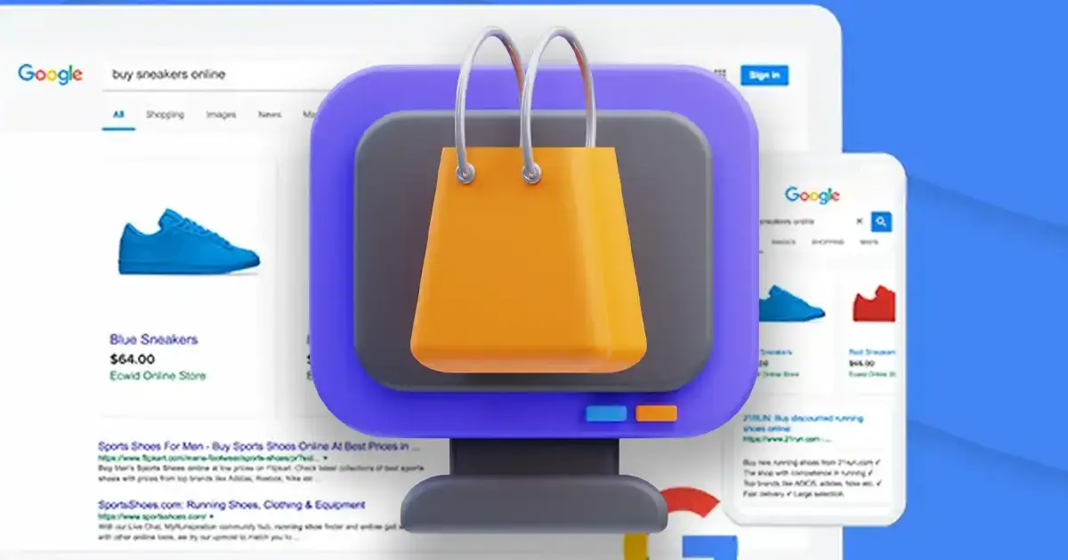 Google Shopping Ads 3D graphic with google shopping feed in the background
