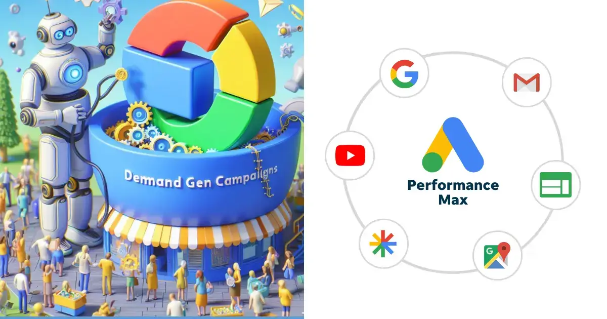 An image cut in half between a 3D AI bot gathering users in Demand Gen campaigns and a basic 2D representation of all the platforms Performance Max campaigns show on