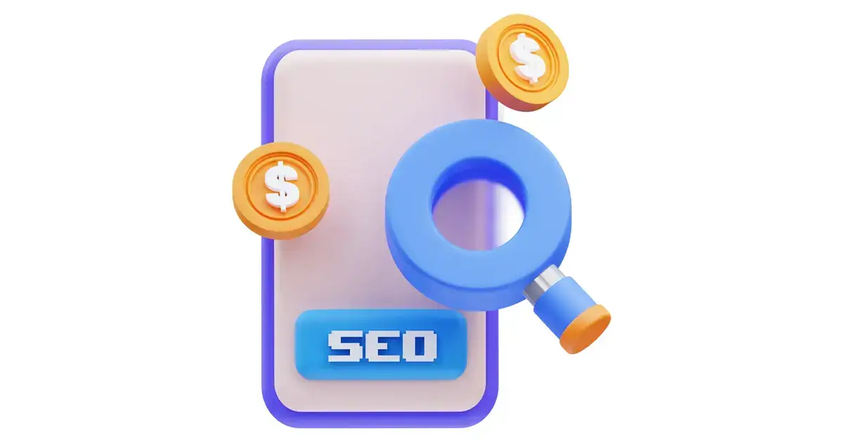 a 3D icon of a phone and a magnifier representing search and SEO