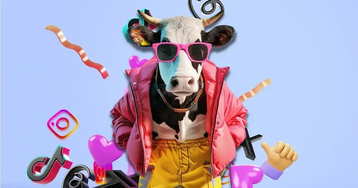 A trendy looking cow with social media marketing icons and logos flying behind it in the background