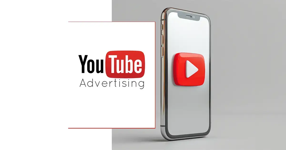A mockup of an iPhone with a 3D YouTube icon in the middle and the logo of YouTube advertising next to it