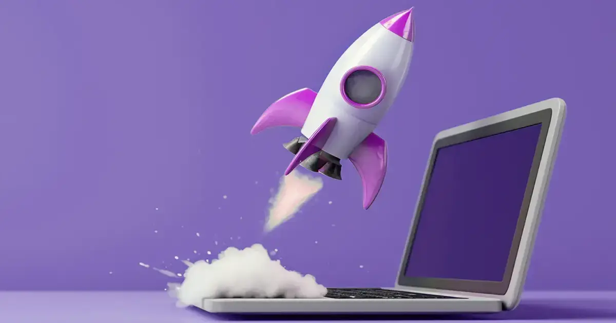 A flying rocket from a laptop signifying digital marketing power and reach
