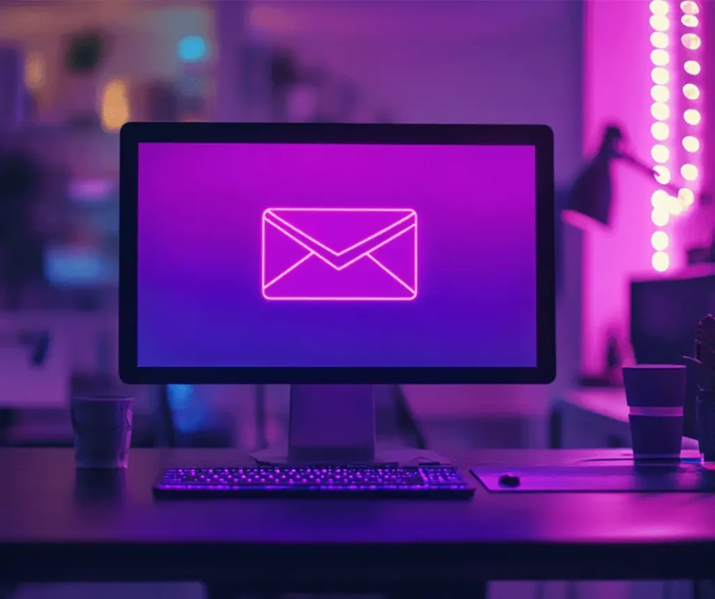 A neon style background with an email icon in pink and purple