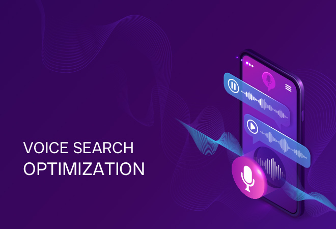Infographic illustration showing voice search optimization process with icons of smartphone, voice assistant, search results, and SEO symbols
