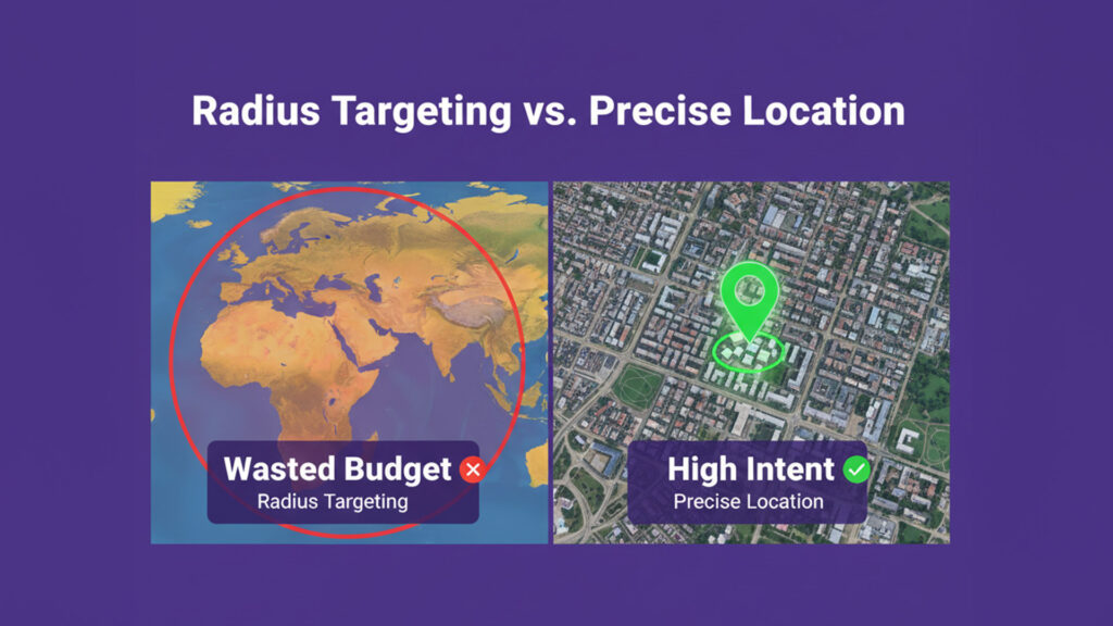 Comparison between wide radius targeting resulting in wasted budget and precise location targeting generating high-intent customers.